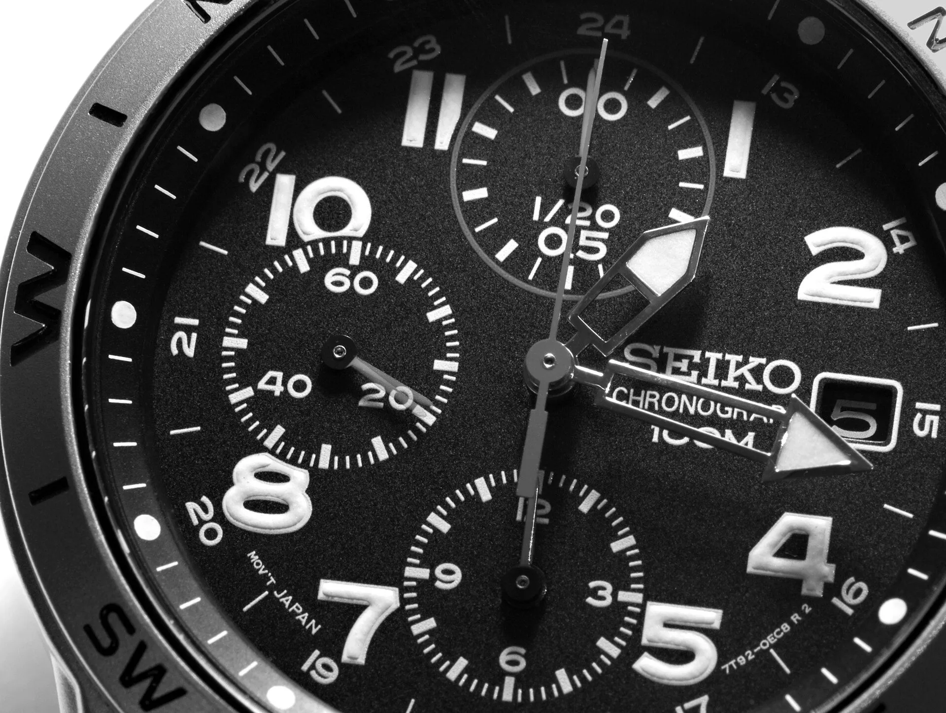 Dial of a Seiko chronograph, close up